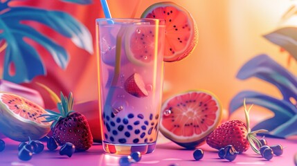 A glass of boba tea with fruit and a blue straw