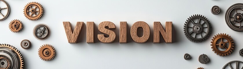 Wall Mural - wooden letters spelling vision surrounded by gears on white background.