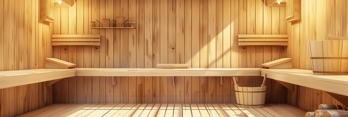 Aufkleber - The interior of a cozy wooden sauna features bench seating, soft lighting, and a warm ambiance, creating a serene space for relaxation. Generative AI
