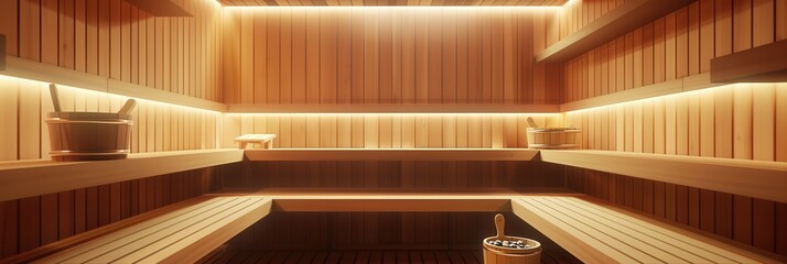 Poster - The inviting atmosphere of a wooden sauna features smooth benches and ambient lighting, perfect for relaxation and rejuvenation. Generative AI