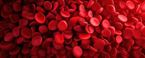 A close-up view of numerous red blood cells, showcasing their distinct circular shapes and rich red color, illustrating the components of blood.