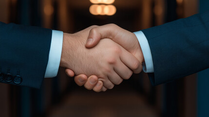 Wall Mural - Sealed Deal: A powerful close-up shot of two businessmen shaking hands, symbolizing trust, partnership, and the successful culmination of a deal. The blurred background adds depth and intrigue.