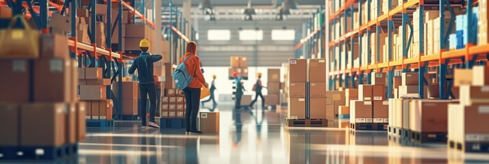 Poster - Warehouse workers efficiently transport boxes and pallets while organizing goods on shelves, ensuring a smooth workflow throughout the space. Generative AI