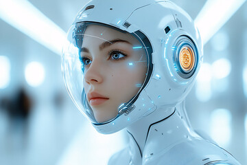 A close-up of a futuristic female cyborg, with a transparent helmet, glowing blue circuitry, and intricate mechanical details on her white armor