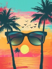 Fototapete - Sunglasses silhouette highlights a colorful sunset over a serene beach lined with palm trees, embodying summer relaxation. Generative AI
