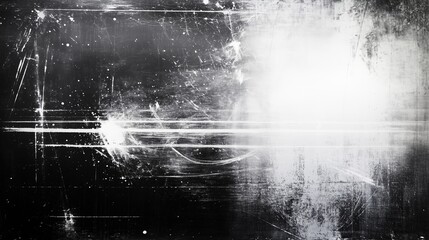 Poster -  Abstract grunge texture background featuring white light effects on a dark black wall, with paint smudges and a rough, grainy paper surface. Dark metal plate design gives an industrial touch, blendin