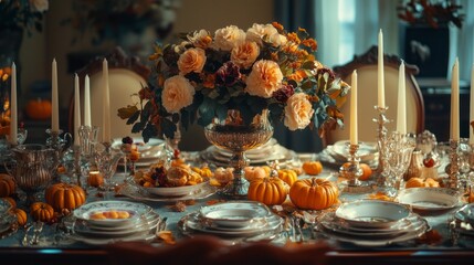 Poster - A table is set for a Thanksgiving dinner with a vase of flowers and candles