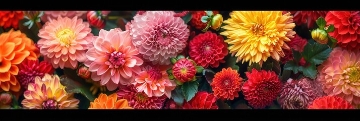 Aufkleber - The garden bursts with colorful chrysanthemums, dahlias, and various autumn flowers, showcasing their beauty under the clear sky. Generative AI