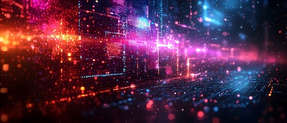 Poster - A vibrant digital landscape illuminated by colorful lights in hues of blue, pink, and orange, creating a futuristic and energetic scene that embodies technology and innovation.