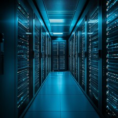 Poster - A long hallway with many computer servers