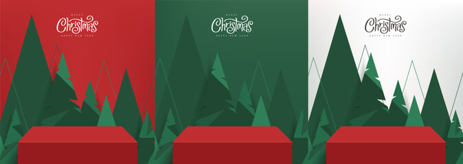 Wall Mural - merry christmas banner with product display table and artificial christmas trees backdrop