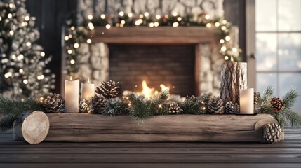 Poster - A fireplace mantle is decorated with pine cones and candles