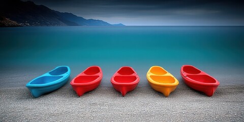 Colorful Kayaks on a Calm Sea Beach