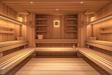 Aufkleber - The interior of a cozy wooden sauna showcases warm benches and soothing light, creating a tranquil space for relaxation and wellness. Generative AI