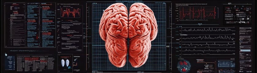 The image shows a detailed anatomical view of a brain, complemented by digital data overlays and graphics, suggesting themes of neuroscience and technology.