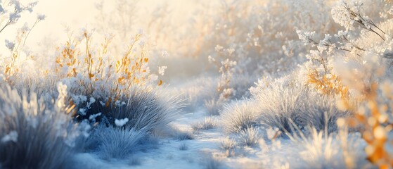 Poster - Winter Landscape with Frosty Plants and Soft Light