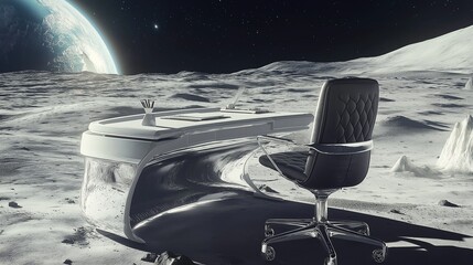 lunar office: desk and chair on the moon, futuristic design, earth in the background, space explorat