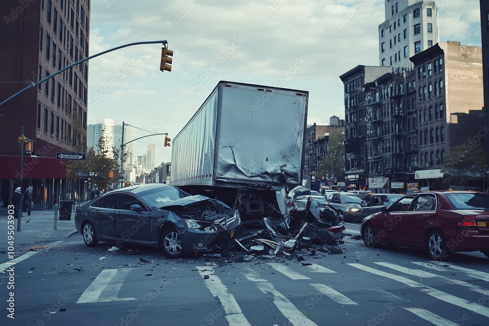 Car Accident Involving A Big Rig Semi Truck With A Semi Trailer At A