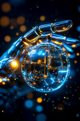 Poster - A futuristic robotic hand extends towards a luminous digital globe, symbolizing technological connection