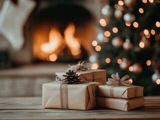 Gifts wrapped in brown paper and tied with twine and a bow. AI.