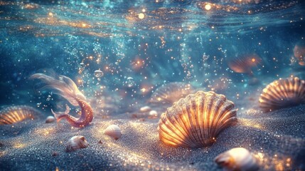 Poster - A mermaid is swimming in the ocean next to a pile of shells