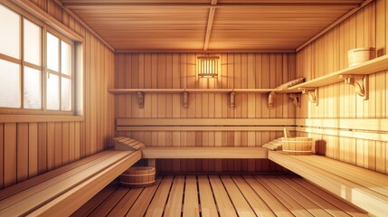 Aufkleber - The interior features warm wooden panels, benches, and natural light flooding from the window, creating a peaceful atmosphere. Generative AI