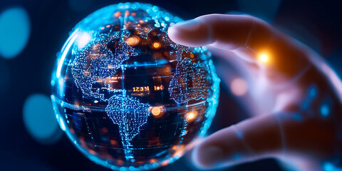 Poster - A robotic hand extends to touch a glowing digital globe, representing technological advancement and connectivity
