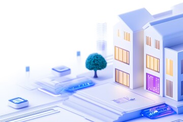 An illustration of smart home technology with digital lights, connected buildings, and circuit lines on a white background