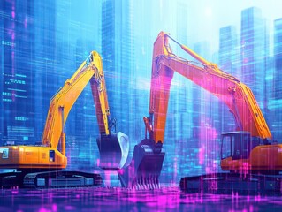 Aufkleber - Selfdriving construction vehicles laying the foundation for a futuristic smart city, Futuristic, Metallic tones, Digital painting, Advanced machinery in urban development