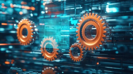 Poster - Rotating gears, holographic projection, futuristic factory setting