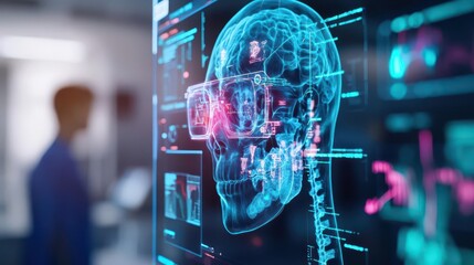 Poster - Holographic anatomy lesson, medical students, digital interface, hightech education environment