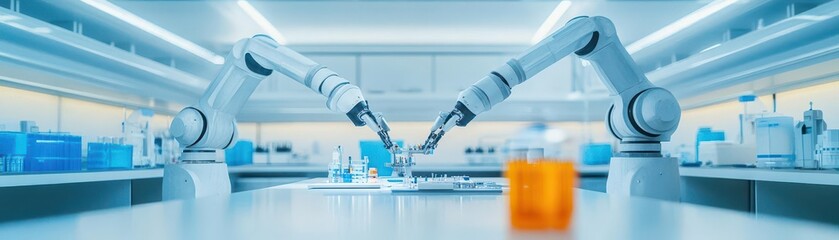 Aufkleber - Hightech laboratory bathed in cold white light, robotic arms assembling advanced machines, overhead view from the ceiling, sleek metallic surfaces gleam