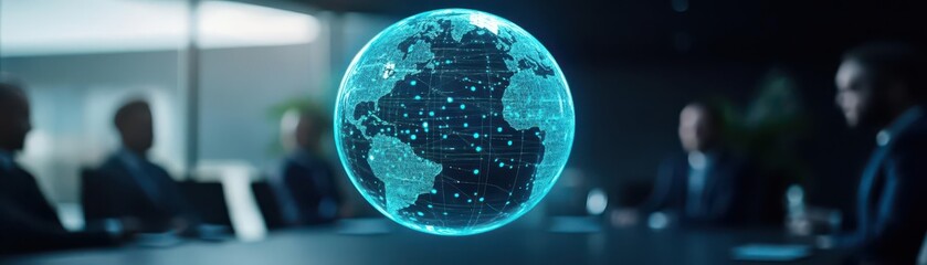 Poster - Floating holographic globe in dark boardroom, side shot, blue light illuminating faces of executives, soft glow on glass surfaces, sleek, hightech corporate setting