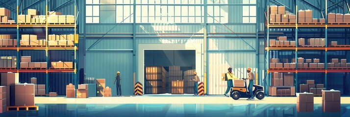 Poster - Warehouse workers are organizing and transporting boxes on pallets inside a well-stocked facility during the day. Generative AI