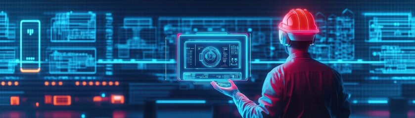 Poster - A worker controlling heavy machinery through a holographic control panel displayed on their augmented reality headset