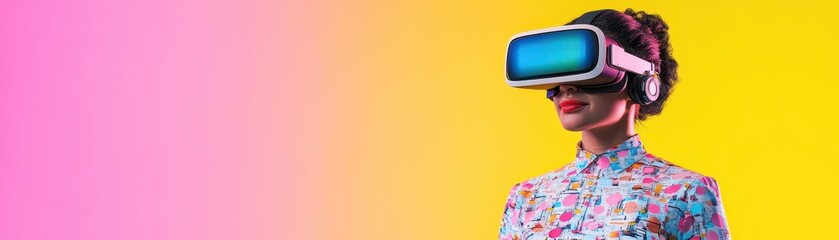 Poster - A businesswoman in VR glasses presenting a virtual office layout, futuristic style, vibrant neon colors, 3D art, modern business solutions
