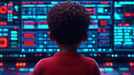 Young Boy Looking at Neon Screen with Red and Blue Lights