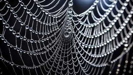 A delicate web of interconnected threads, glistening with morning dew, creates a captivating pattern of light and shadow.