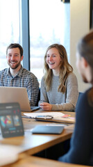 Poster - A group of people are sitting around a table with laptops and smiling