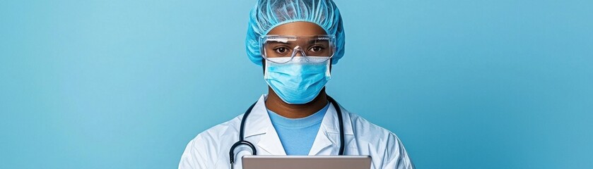 A healthcare professional wearing protective gear, including a mask and goggles, stands confidently against a blue background.