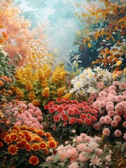 Aufkleber - This garden showcases a stunning array of blooming chrysanthemums, dahlias, and other autumn flowers in rich, vibrant colors. Generative AI
