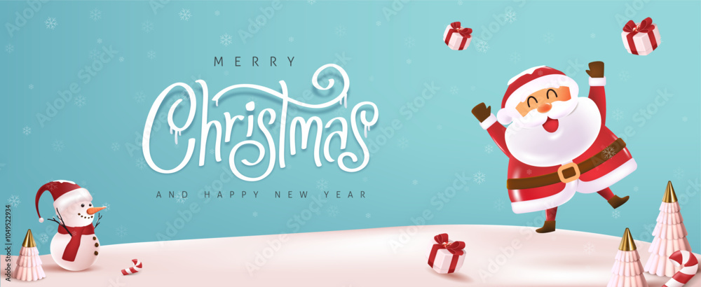 Merry christmas and happy new year greeting card with cute funny Santa ...