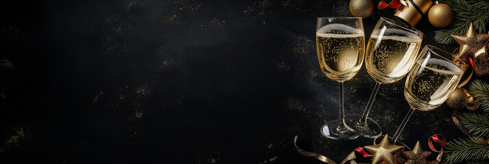  Banner of black background, glistering champagne glasses in celebration,  with  joy of party and promise of delightful beverage. Holiday, festival, cheer, traditional decoration with copyspace.