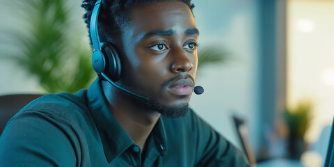 Poster - Young man wearing headset working in a call center at night