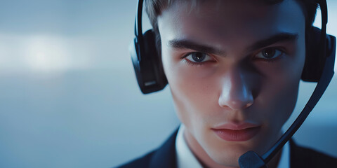 Poster - Serious male call center operator wearing headset and looking forward