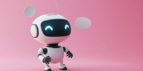 Poster - Cute white robot chatting with speech bubbles on pink background