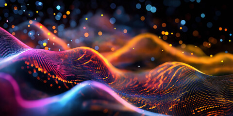 Poster - Abstract colorful particle background forming wavy surface with bokeh