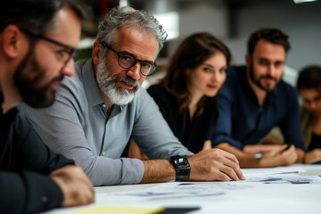 Group of colleagues engaging in a discussion during a business meeting in a conference room. Happy business people, men and women