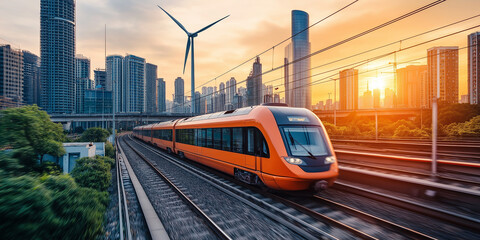 Modern highspeed train passing through city during sunset with wind turbine