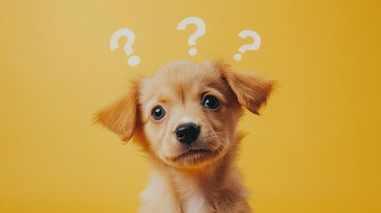 A curious puppy with a questioning expression against a bright yellow background, embodying innocence and playfulness.